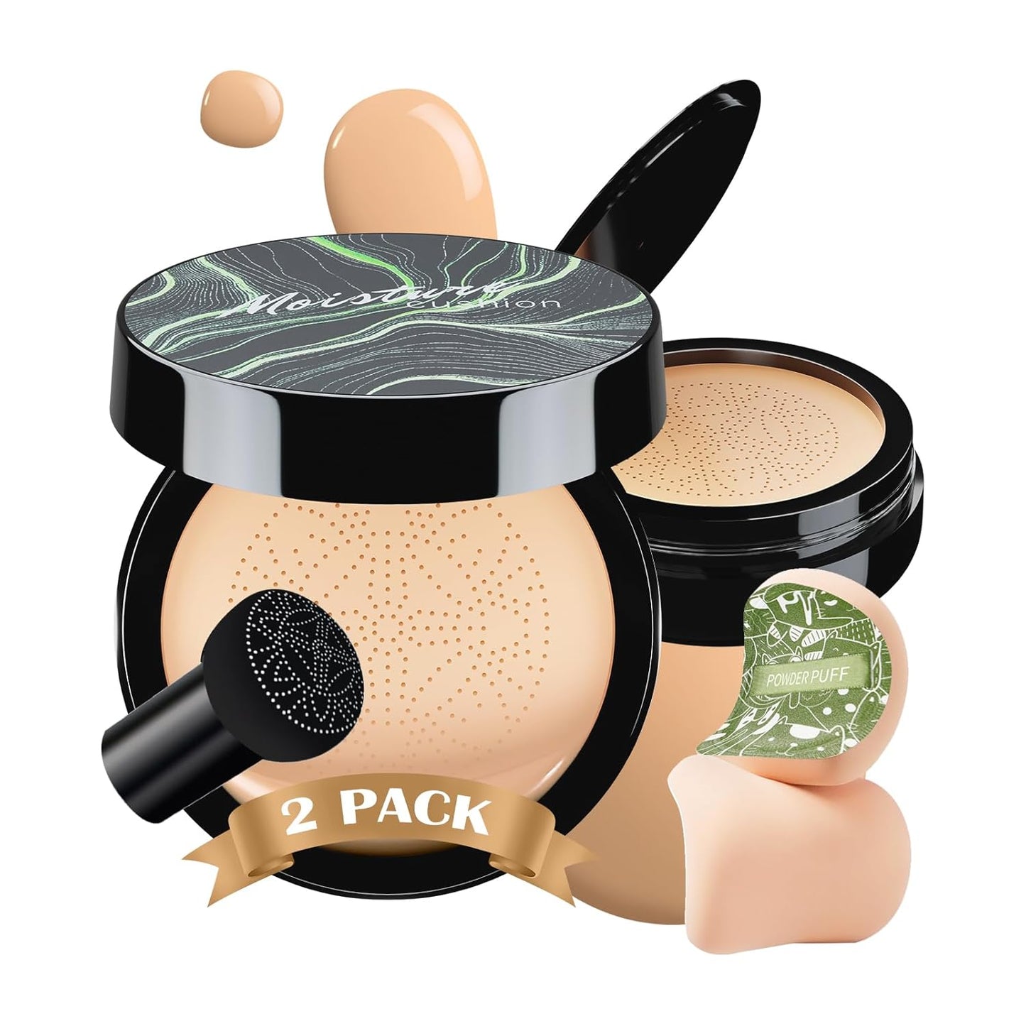 2 PCS Mushroom Head Air Cushion CC Cream - Long-Lasting Brightening BB Cream Foundation With Powder Puff for Face Makeup and Mature Skin (Natural