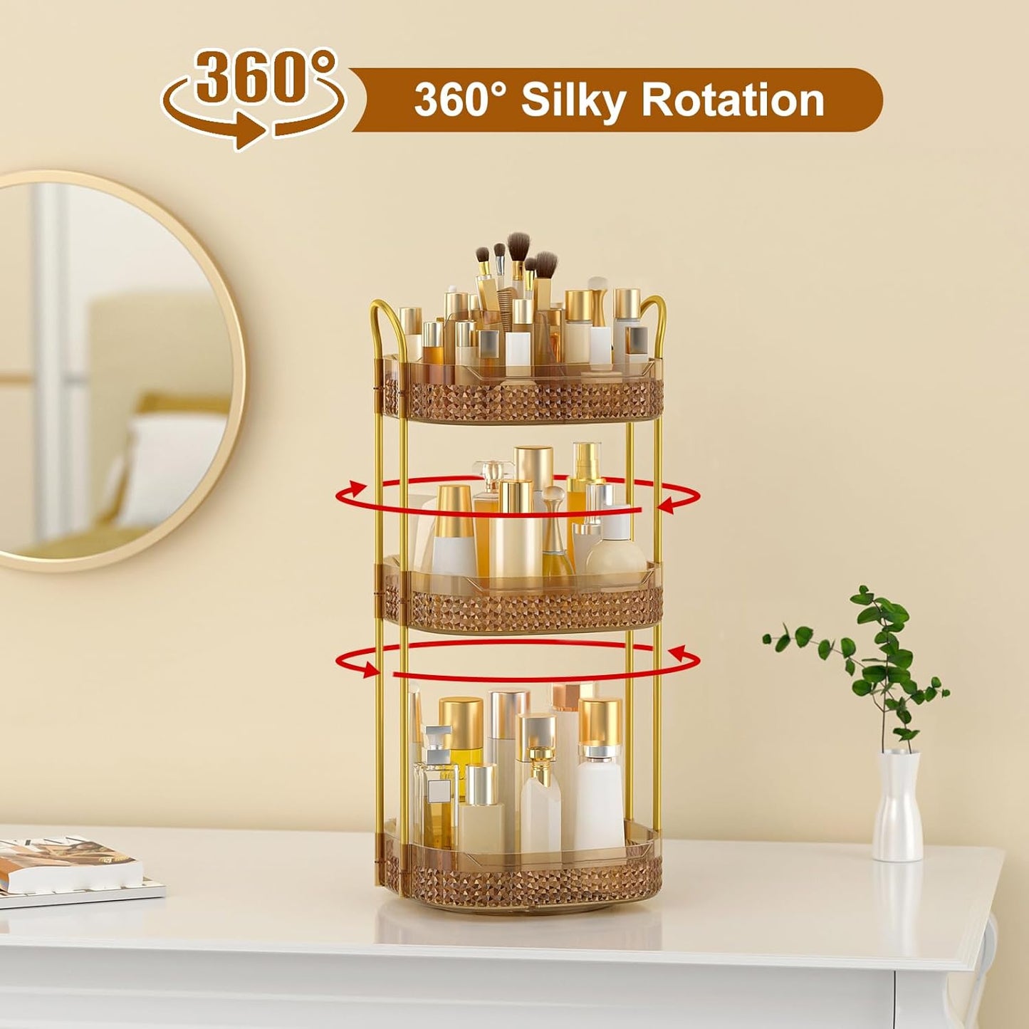 Rotating Makeup Organizer for Vanity 3 Tier, Perfume Organizer with Makeup Brush Holder, Large Capacity Cosmetics Clear Skincare Organizer for Countertop (Pink)