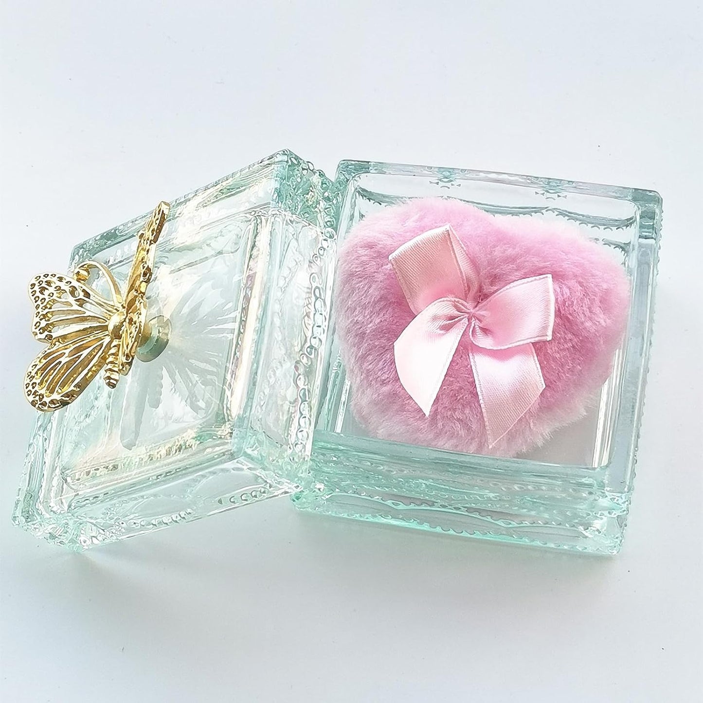 Body Powder Puff and Container - Glass Dusting Powder Container with Soft Puffs Vintage Powder Puff Case for Women & Girls (3.23x3.23x2.95 H IN) - GRB016-Light Green