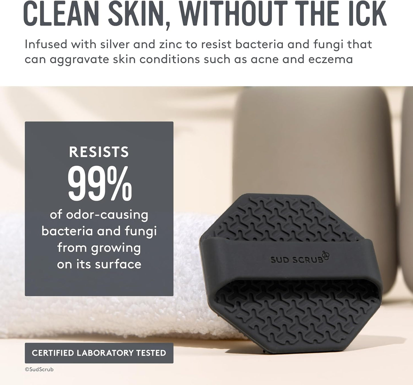 Sud Scrub® Antimicrobial Silicone Face Scrubber, 1 Pack, Gentle Face Exfoliator for Sensitive Skin, Eco Friendly Facial Cleansing Brush, Exfoliating Face Brush for Men and Women (Charcoal)