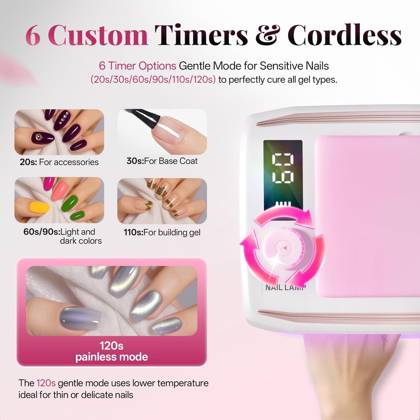 krofaue 380W UV Nail Lamp - Professional Rechargeable Nail Dryer for Gel Polish with Detachable Arm Rest, 6 Timer Settings UV Light for Gel Nails (Pink)