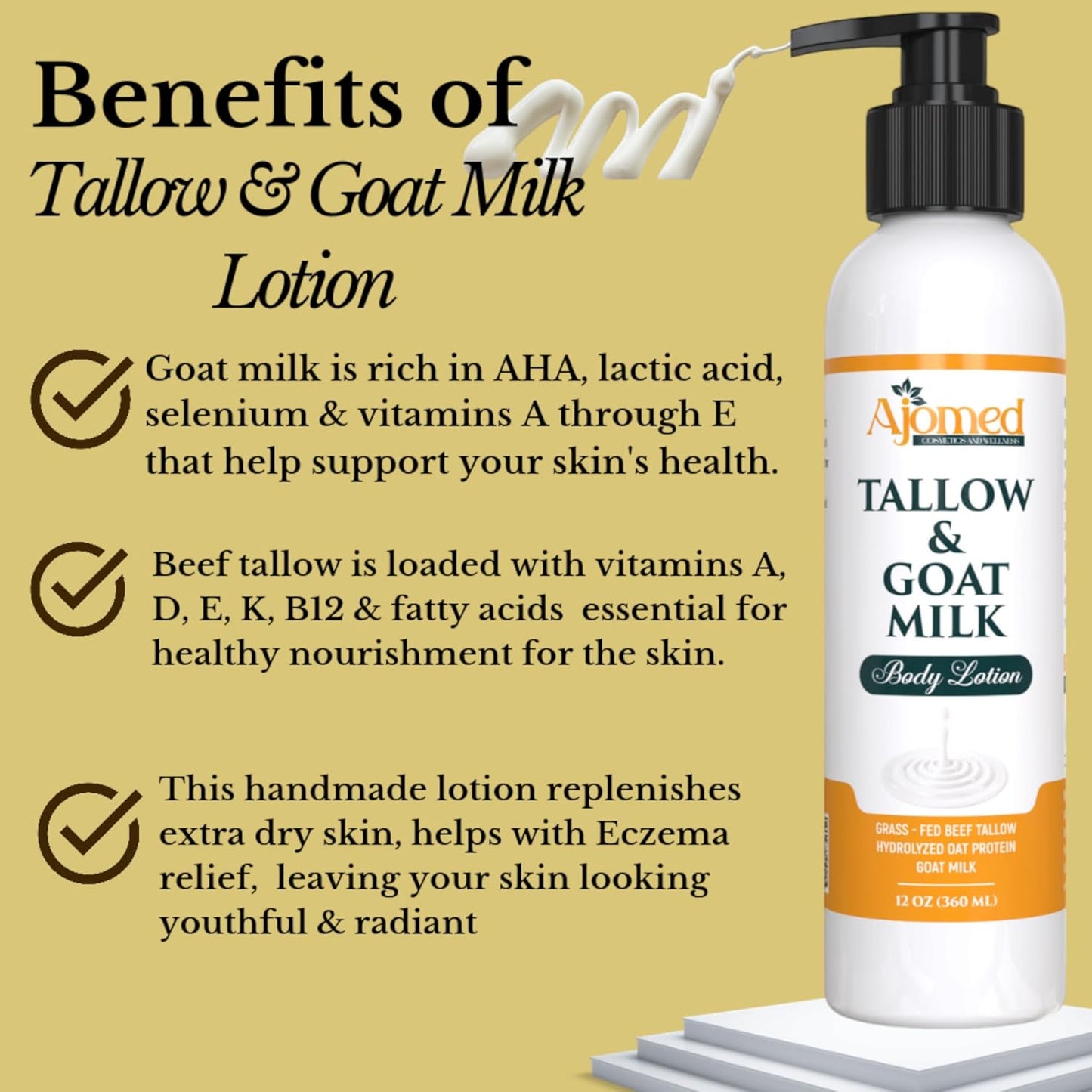 Grass Fed Beef Tallow & Goat Milk Body Lotion for Sensitive Skin, Organic Tallow Lotion - Soothes Dry Patches, Goat Milk Moisturizer - Handmade Tallow Body Lotion (UNSCENTED, 8 Oz)