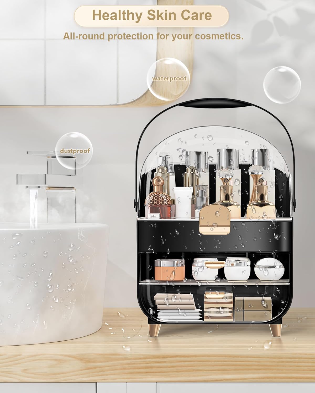 Makeup Organizer, Skincare Holder Bathroom Counter Organizer, Storage Box Cosmetic Display Cases, Teen Girl Gifts Trendy Stuff Make up Organizers for Vanity, Dresser, Countertop (black)