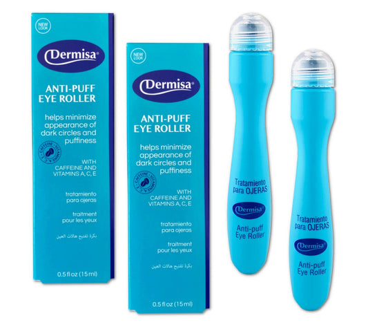 Dermisa Eye Roller for Puffy Eyes - Anti-Puff Dark Circle Under Eye Treatment Serum with Caffeine & Peppermint for Bright, Healthy Skin - Paraben, Fragrance, Dye and Oil Free - Made in USA - Pack of 2