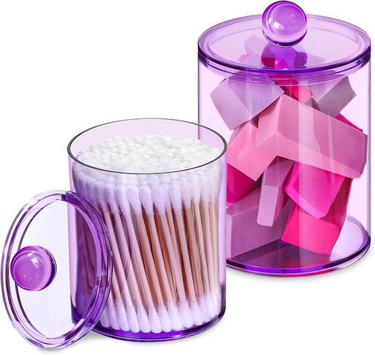 2 Pack Qtip Holder,Canister Apothecary Jar Set, Bathroom Jars with Lids Set for Cotton Swabs, Balls, Pads, Floss Picks,10oz-12oz Plastic Canisters Restroom Bedroom Vanity Organizer(Purple)