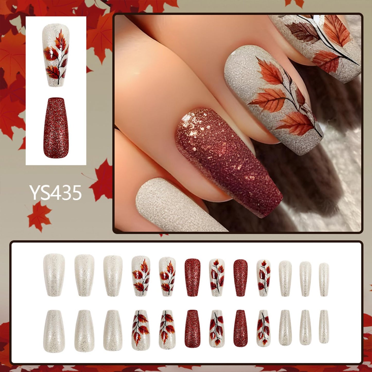 Glitter Thanksgiving Press on Nails Fall Maple Leaf Fake Nails Autumn Long Coffin Nail Glossy Maple Leaves Acrylic Glue on Nail for Women DIY Manicure