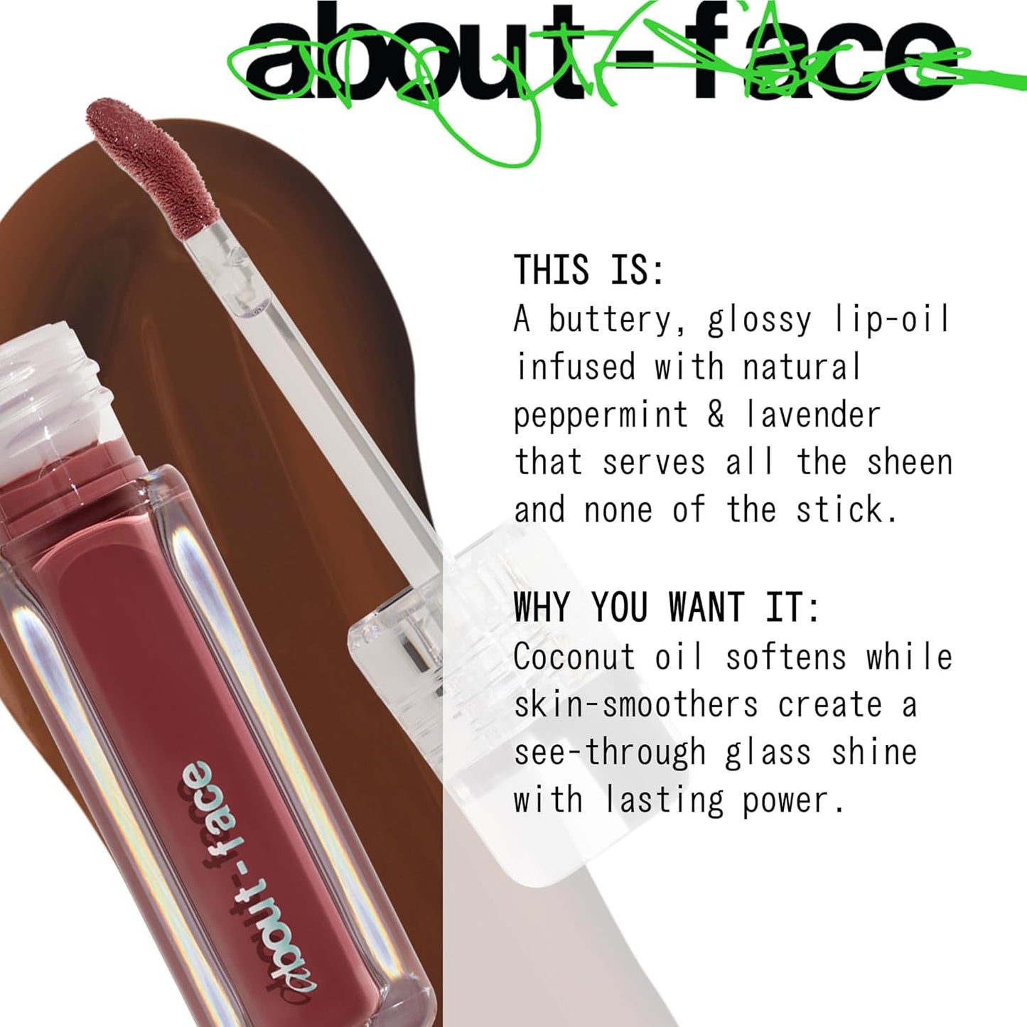 about-face Light Lock Lip Gloss Feel It All – Non-Sticky, High-Shine Lip Oil Gloss with Coconut Oil, Peppermint & Lavender – Vegan, Cruelty-Free, Clean Beauty – 0.21 oz (Milk Chocolate)