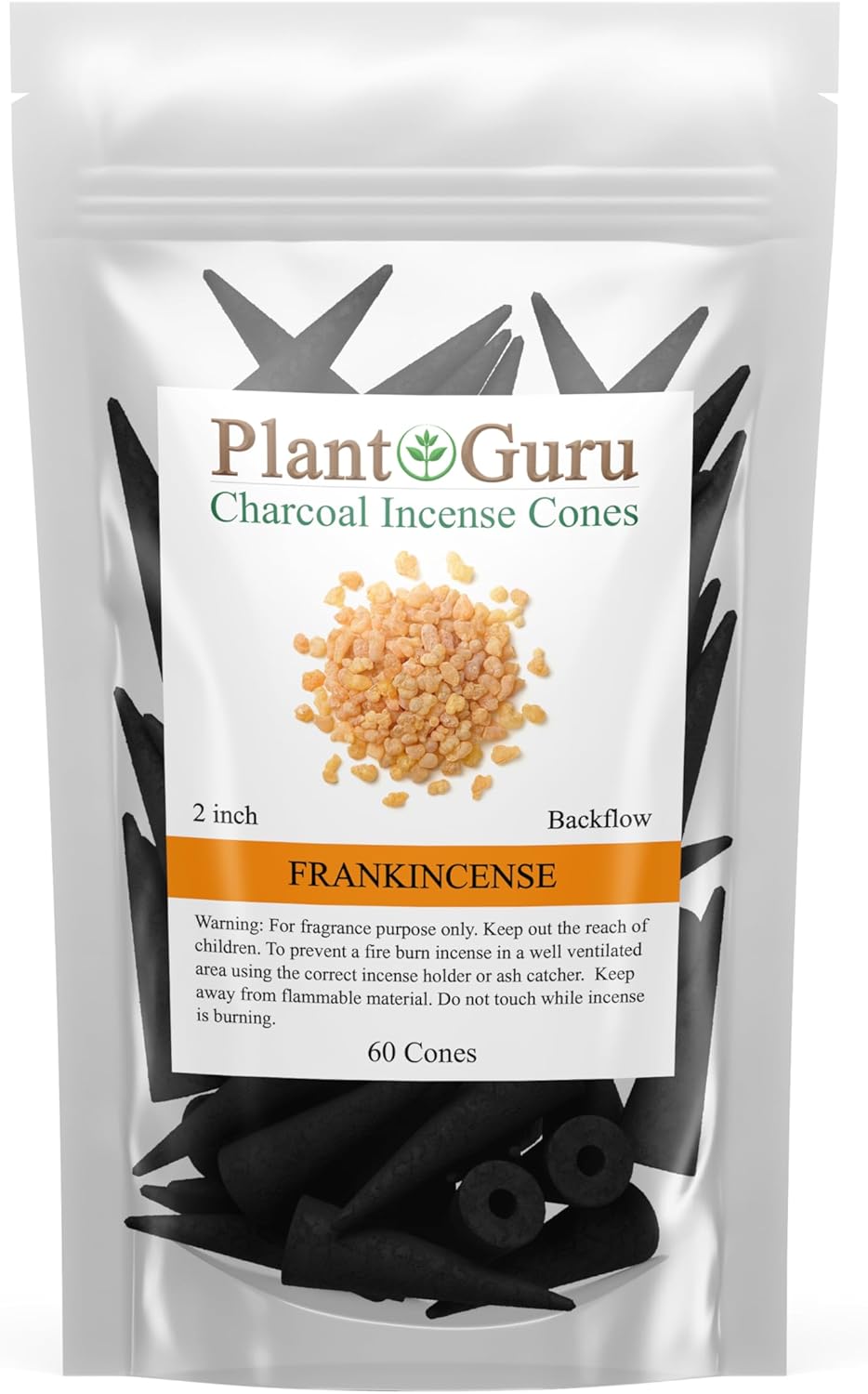 Frankincense Charcoal Incense Cones 2" BACKFLOW - 60 Pack Bulk - Natural Scented Cones Handmade Hand Dipped