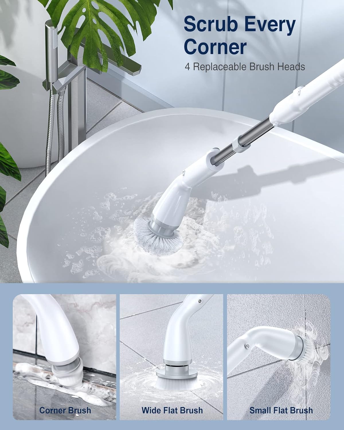 LABIGO Electric Spin Scrubber, Cordless Cleaning Brush Scrubber with 4 Replaceable Brush Heads and Adjustable Extension Handle, IPX7 Waterproof Power Cleaning Brush for Bathroom Tub Floor Tile Shower