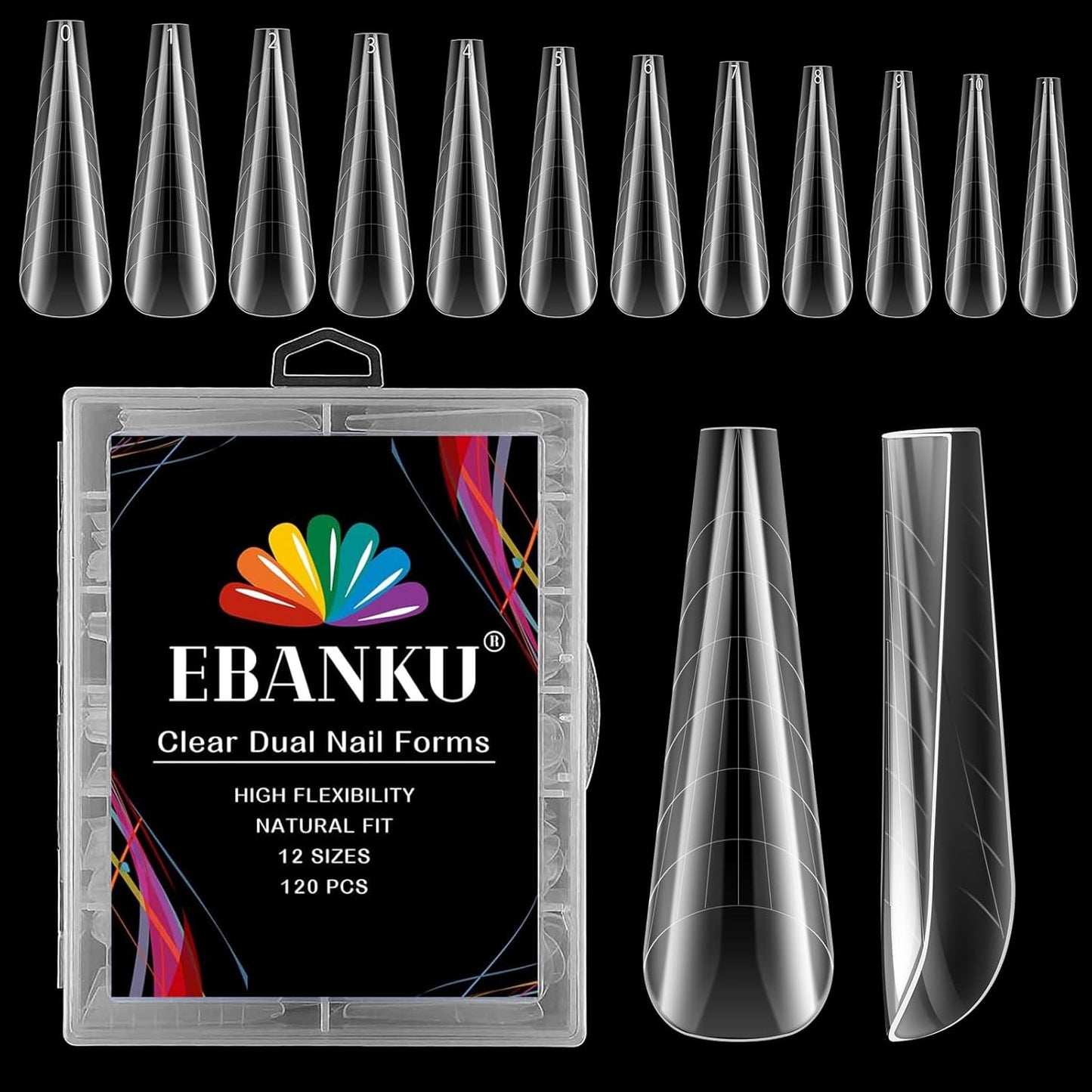 EBANKU 120Pcs Poly Extension Gel Dual Forms Clear Tips Set - Acrylic False Nails With 12 Sizes Square Stiletto Gel Forms Full Cover Reusable Molds