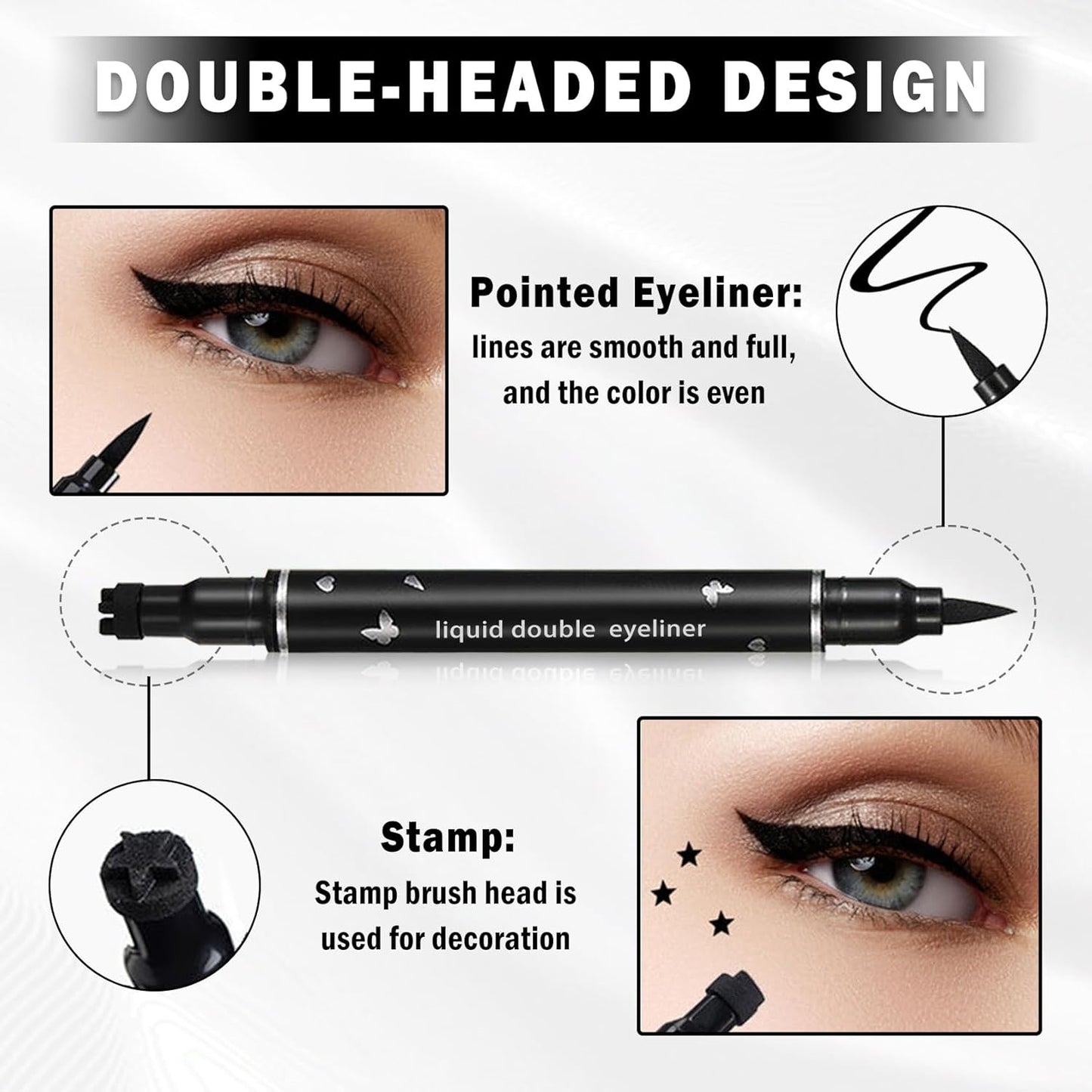 Double-headed Eyeliner Stamp Pencil Black Liquid Winged Eyeliner Stamp Pen Waterproof Smudgeproof Eye Liner Stamp for Eye Makeup(04 Star)