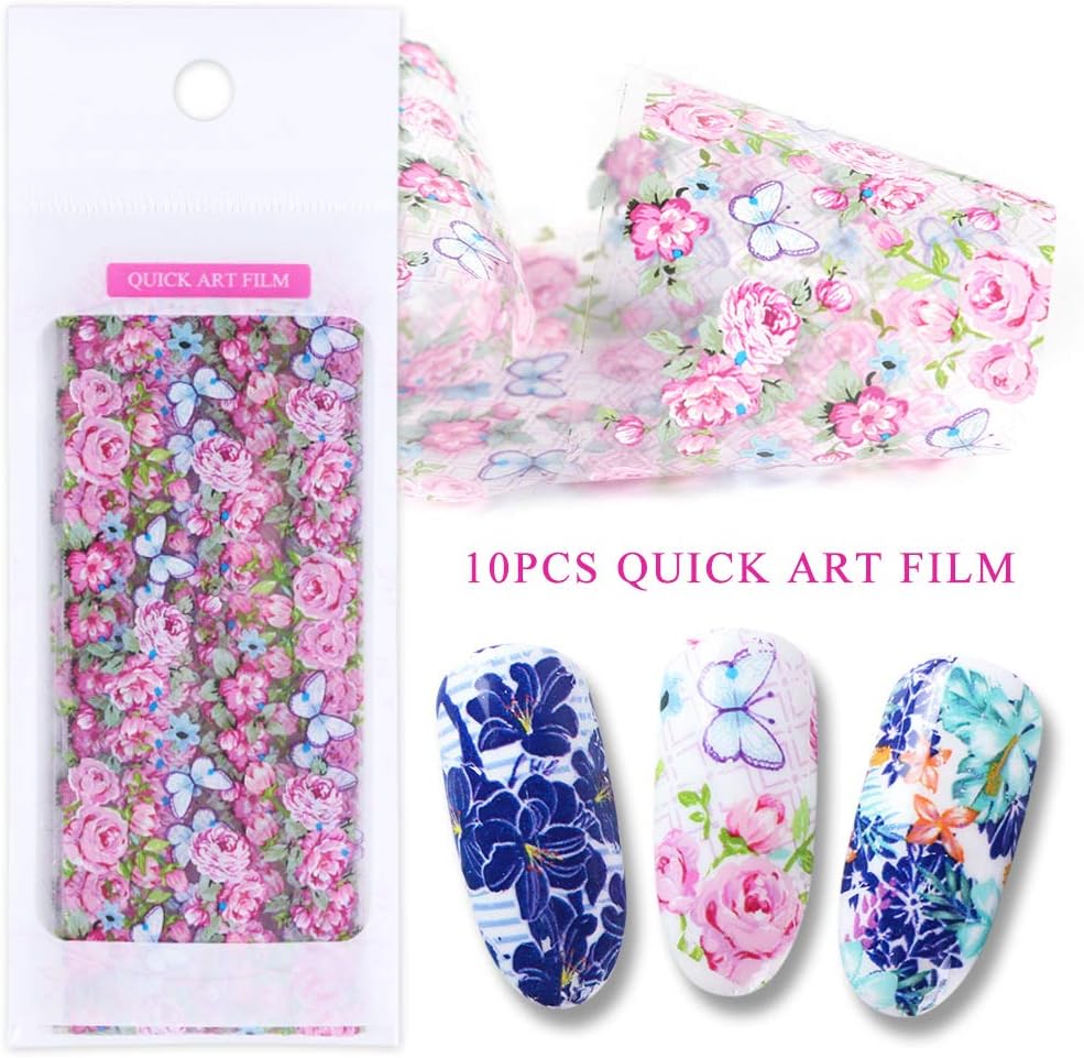 10 Sheets Flower Nail Transfer Foils Holographic Nail Foil Colorful Flower Stickers for Nails Decoration Starry Sky Manicure Transfer Tips Butterflies Nail Art DIY for Women Girls