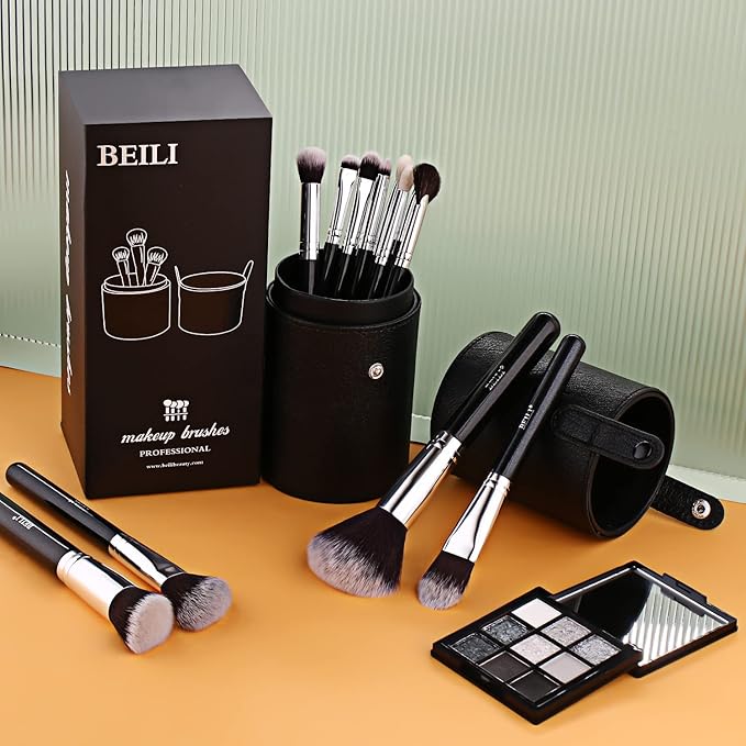 BEILI Makeup Brushes 12pcs Makeup Brushes Set with Holder Premium Synthetic Kabuki Foundation Brush Blending Blush Concealer Full Face Makeup Brushes Kit With Gift Box(Black)