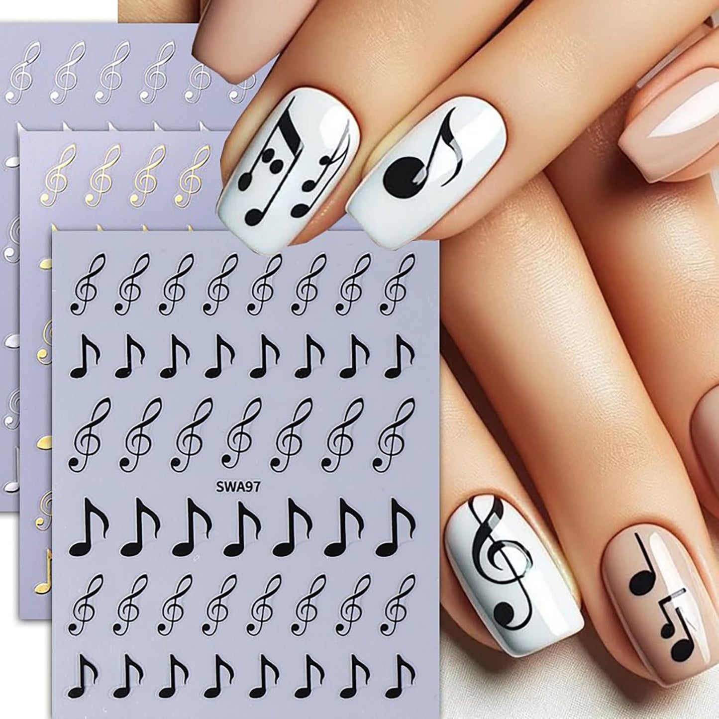 6 Sheets Musical Symbols Nail Art Stickers 3D Self-Adhesive Nails Sticker Music Notation Nails Art Decals Holographic Music Decal Decoration for Women Silver Black Manicure Stickers DIY Nail Supplies