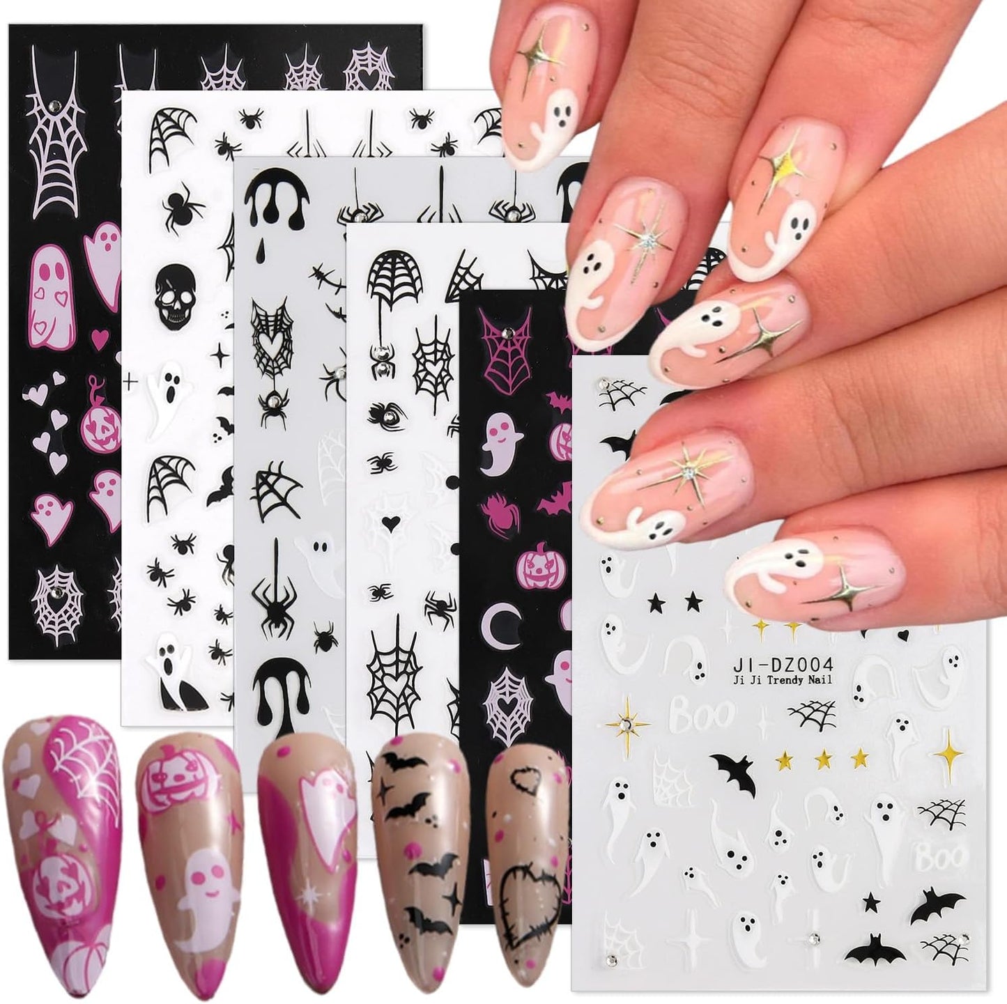 6 Sheets Nail Art Stickers Decals - White Pink Ghost Spider Bats 3D Halloween Pumpkin Skull Spider Web Self Adhesive Nail Decals for Women DIY Nail Decoration