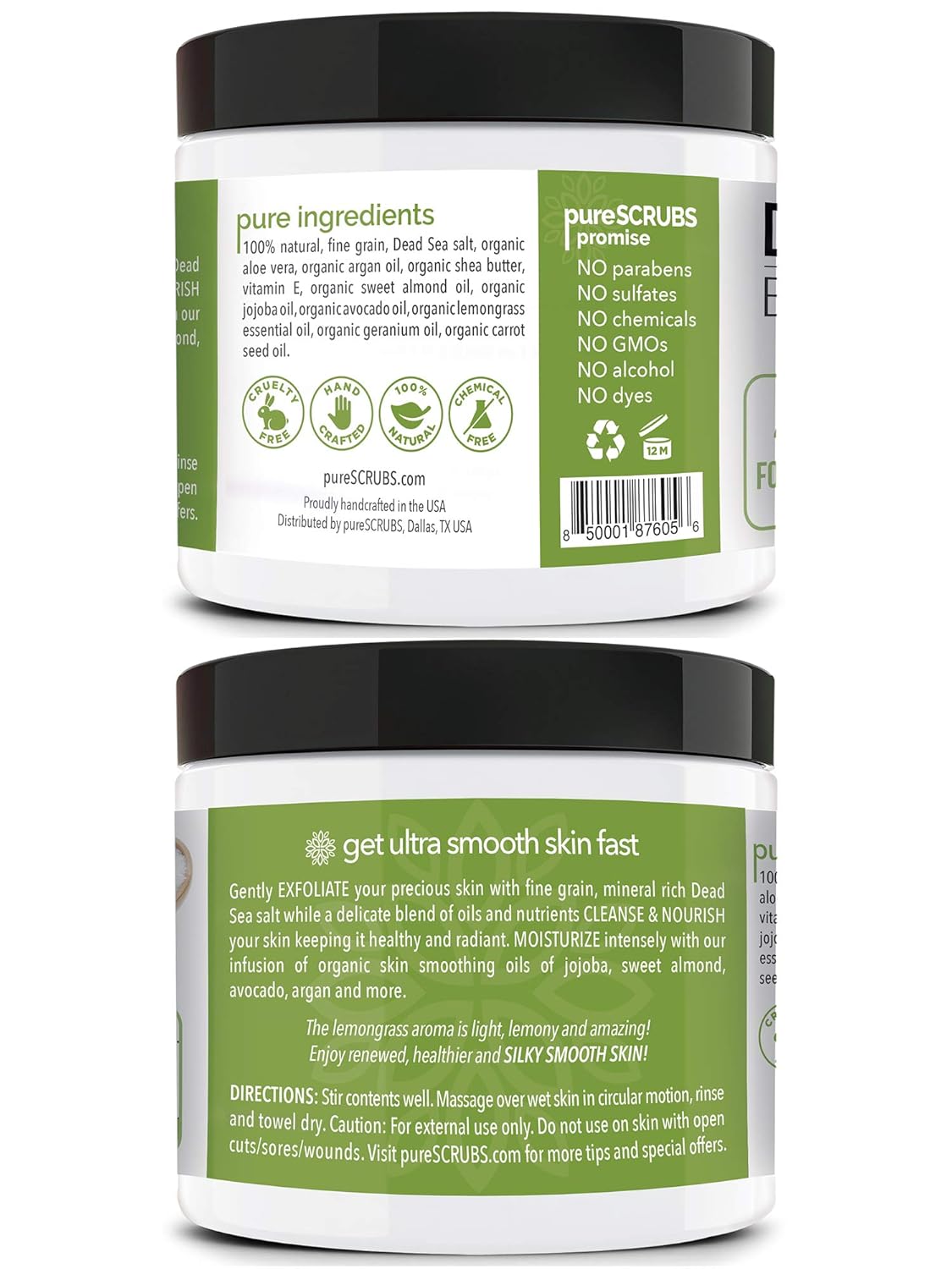 pureSCRUBS Premium Lemongrass Dead Sea Salt Body Exfoliator Scrub, Full Exfoliating Body Scrubber - Large 16oz Jar, Filled With Essential Oils, Includes Spoon, Loofah & Exfoliating Skin Soap