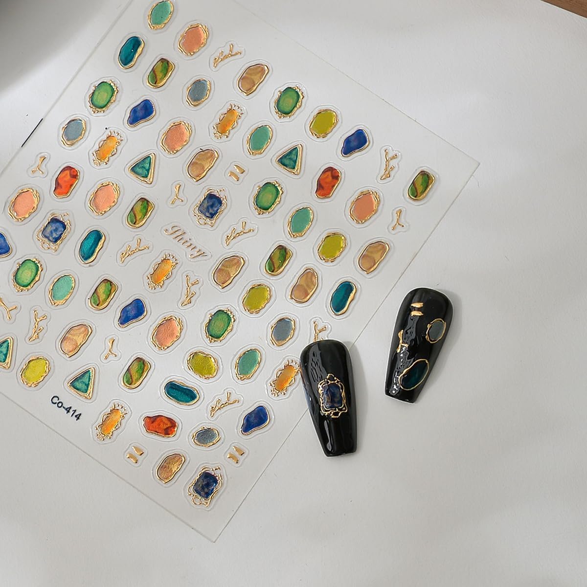 Gem Nail Stickers with Gold Trim Shiny Gems Nail Decals Luxury Stickers for Nails Designs 3D Self Adhesive Nail Art Supplies & Decorations for Women 1 Sheet