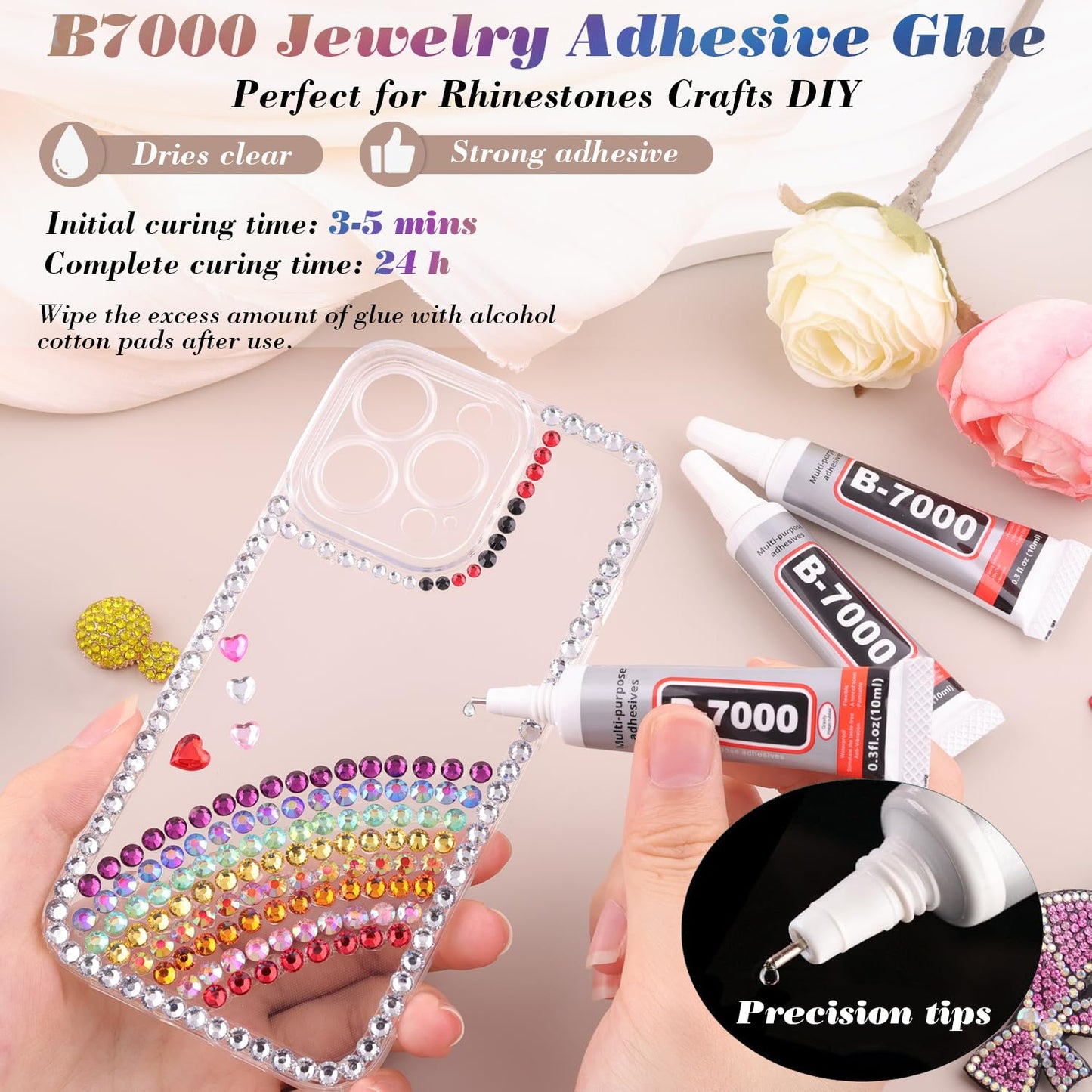 8500 PCS Flatback Rhinestones for Crafting and 3PCS B7000 Glue (Pack 1), 2 Boxes of Rainbow Resin Rhinestones Gems Charms for Bedazzling DIY Crafts Fabric Clothing Tumblers Shoes Nail Art