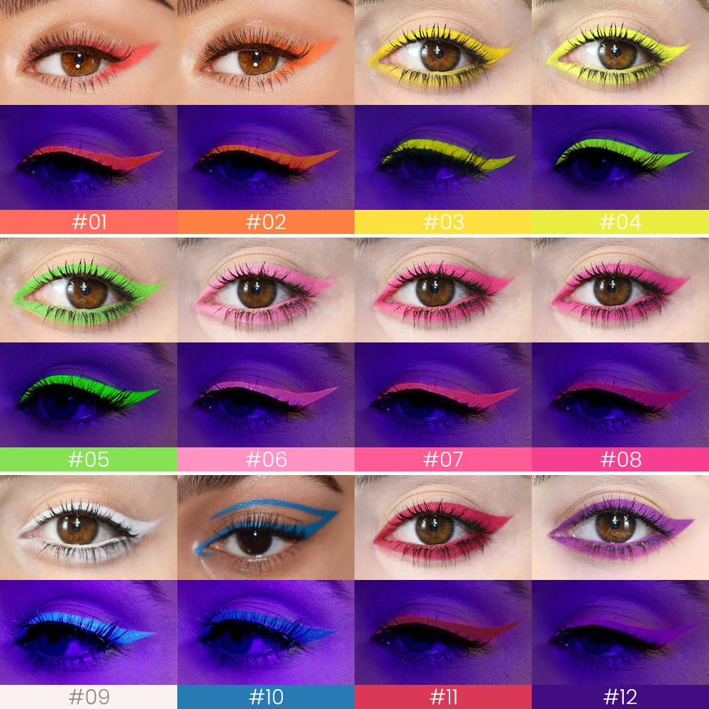evpct 12 Colors UV Neon Gel Eyeliner Pencil Makeup Set Kit, Rainbow Halloween Colored Colorful Gel Eyeliners Pen Glow in Dark, Waterproof Long Lasting for Painting Delineador de ojos líquido de neón