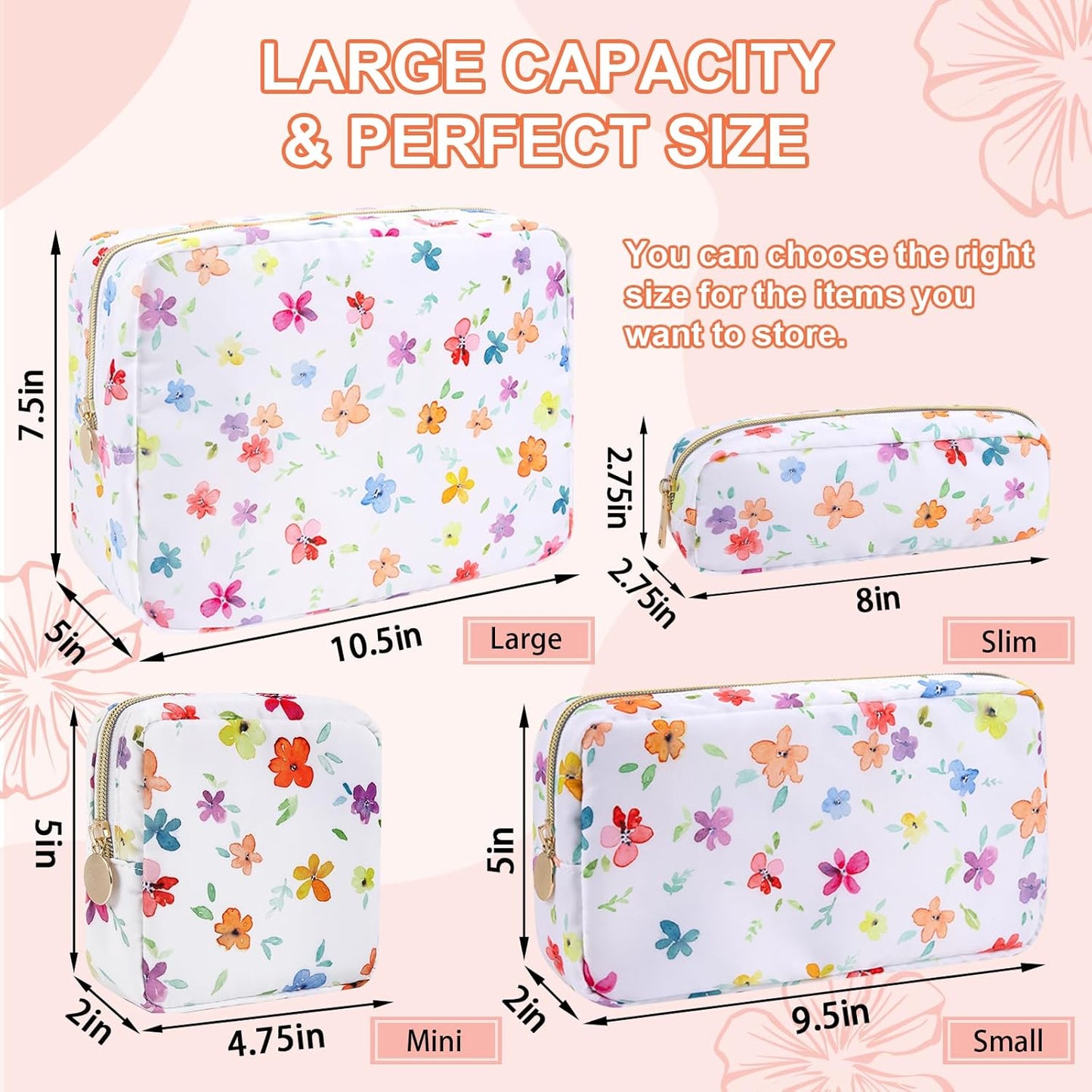 Waterproof Small Floral Makeup Bag Pouch for Purse,Nylon Flower Cosmetic Bag Preppy Travel Toiletry Storage Bag for Women Girl,Cute Makeup Organizer Bag Pouch with Zipper(Small Colorful-Flowers)