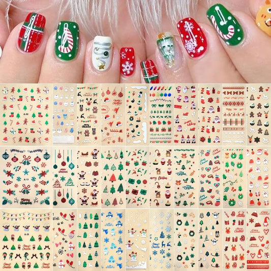 30 Sheets Christmas Nail Art Stickers 3D Self- Adhesive Pegatinas Uñas Snowman Snowflake Nail Decals White Red Christmas Nail Supplies for Women and Girls