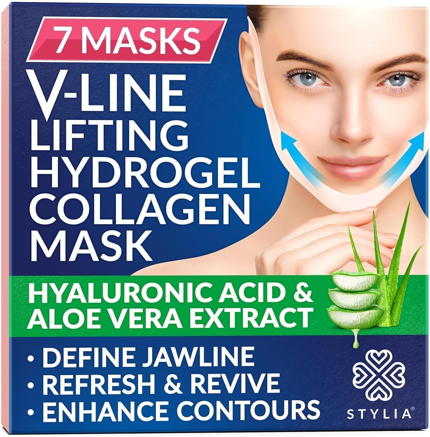Stylia V Line Lifting Collagen Face Mask - Double Chin Strap for Women - Jawline Shaper Face Lift Tape - Neck Lift Collagen Mask - Chin Strap for Sleeping - Hyaluronic Acid, Aloe Vera, Cica 7PC