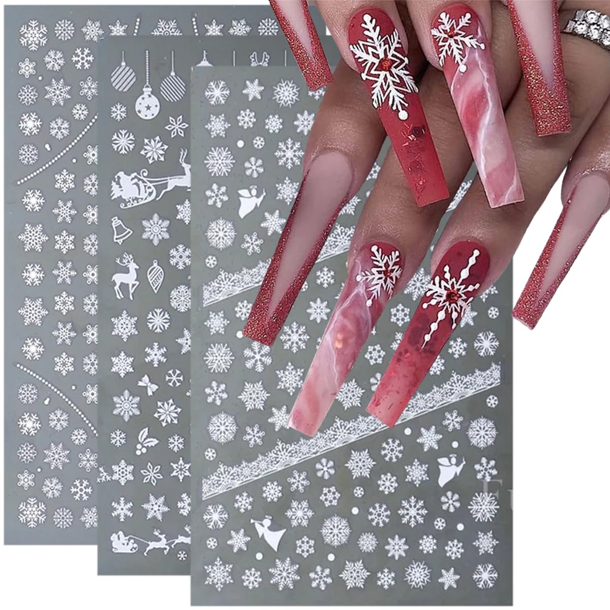 8 Sheets Snowflakes Nail Stickers- 3D Christmas Nail Art Stickers Self-Adhesive Winter Nail Decals White Gold Snowflake Balls Elk Designs Christmas Sticker for Nail Art Women DIY Xmas Nail Decoration