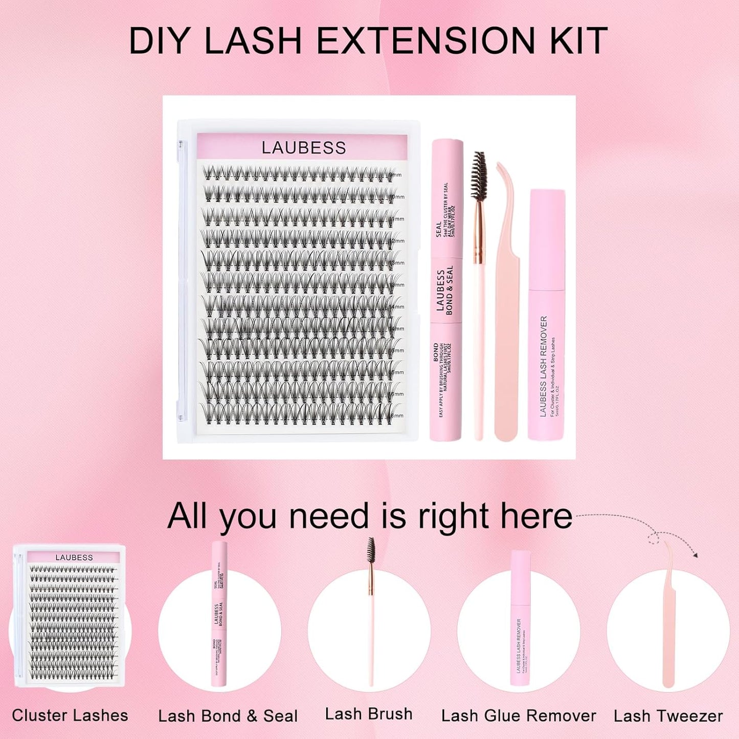 Lash Extension Kit LAUBESS Lash Clusters Kit Cluster Eyelash Extensions Kit Eyelash Clusters Lash Bond and Seal Waterproof Tweezers Brush Lash Glue Remover (Kit 20D-D-Mix9-16)