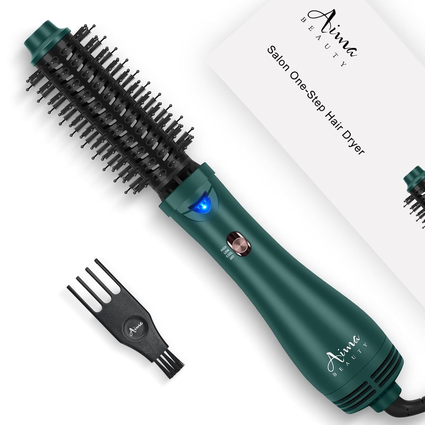 Aima Beauty Hair Dryer Brush, One Step Hair Dryer & Volumizing Hot Air Brush, 3 Heat/Speed Settings, Advanced Ionic Technology, Ceramic Coating, Nylon Pins & Tufted Bristles, Dark Green, 1000W, 125V