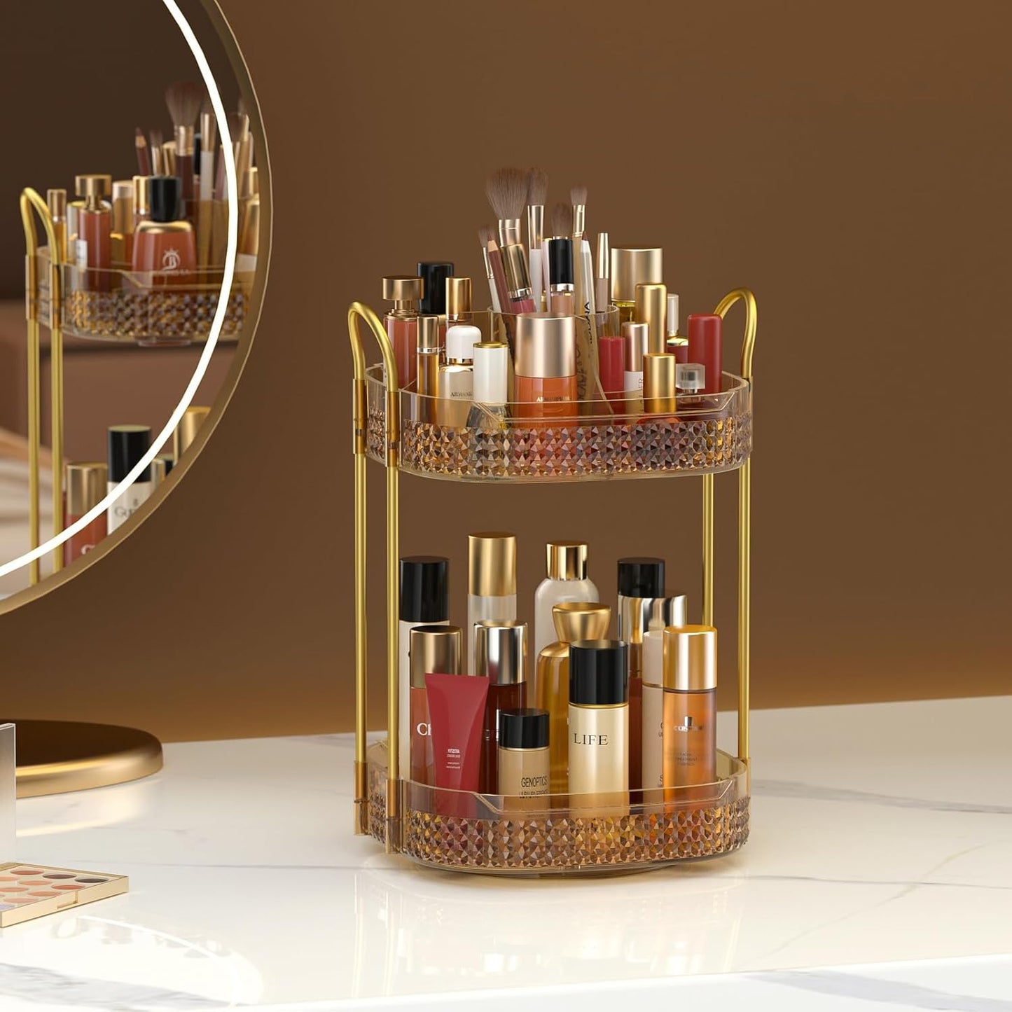 Awenia Rotating Makeup Organizer 360, Stackable Adjustable Large Capacity Cosmetic Storage Unit,Dresser Bathroom Kitchen Countertop Organizer with Metal Handle, Plus Size (Honorable Gold, 2 Tier)