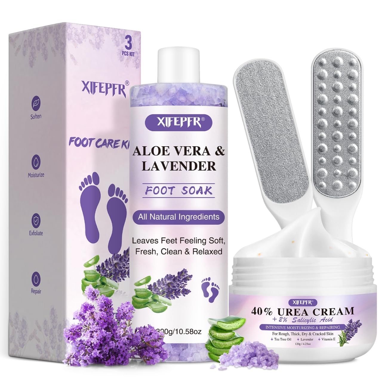 Foot Soak Set Callus Remover Pedicure Kit - Urea Cream 40%, Lavender Soak Salt with Epsom Salt & Foot File for Dead Skin, Foot Care Kit for Dry Cracked Heels at Home