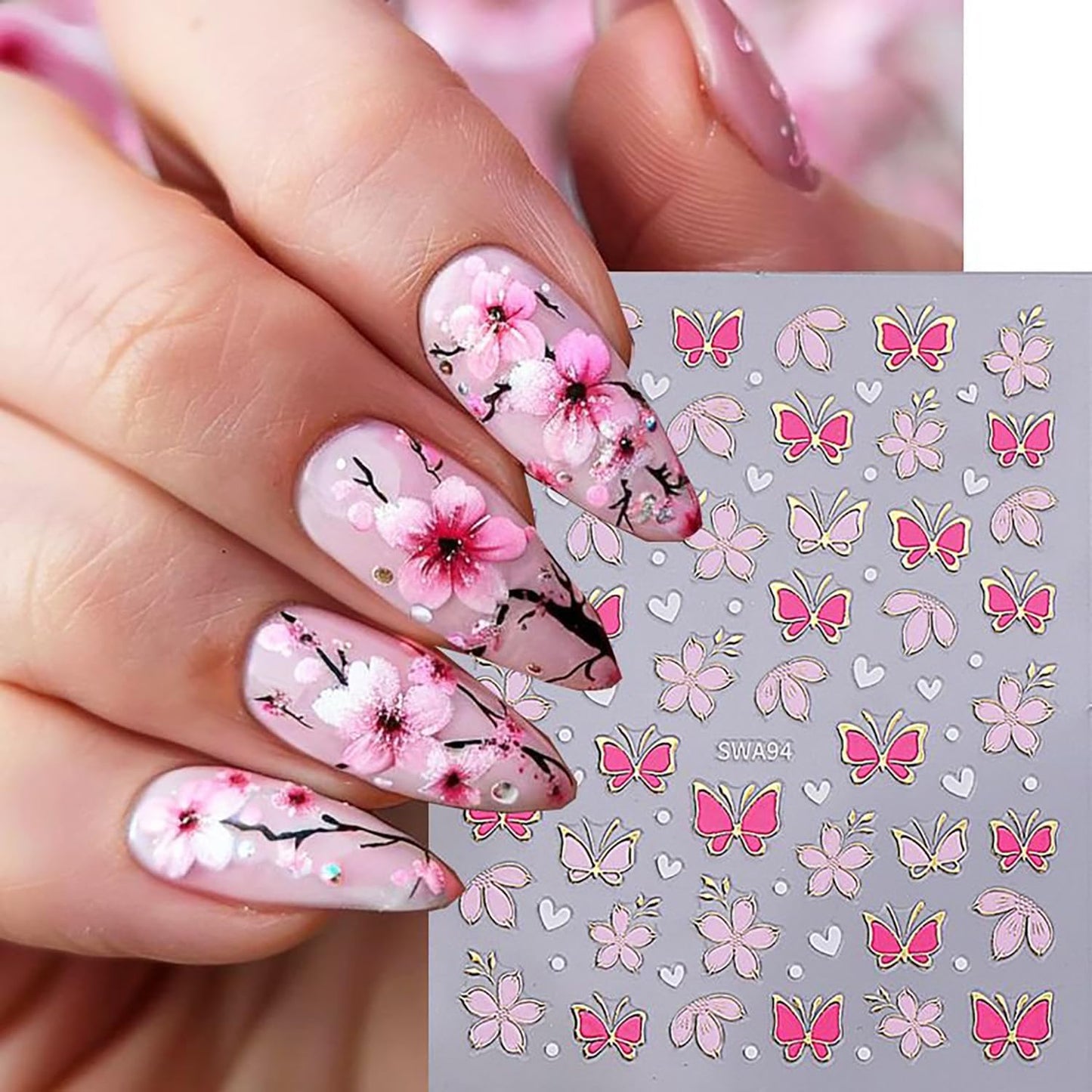 8 Sheets Flower Nail Art Sticker 3D Self-Adhesive Nails Stickers Floral Butterfly Nail Art Decals Holographic Blossom Decal for Women Hot Stamping French Manicure Stickers DIY Nail Supplies