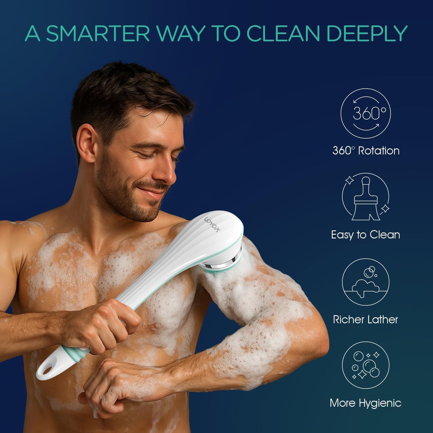 VOYOR Electric Silicone Body Scrubber, Back Scrubber for Shower, Waterproof Long Handle Body Brush, Rechargeable Power Bath Brush for Cleansing, Exfoliating, Massaging Skin BC100 (Blue)