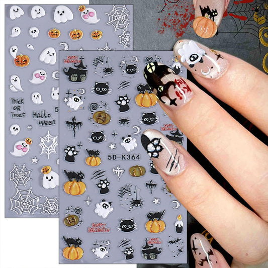 2 Sheets Halloween Nail Stickers for Nail Art 5D Spider Web Nail Art Stickers Embossed Ghost Pumpkin Nail Decals Self-Adhesive Horror Black Cat Nail Design Decals for Women Party Nails Supplies