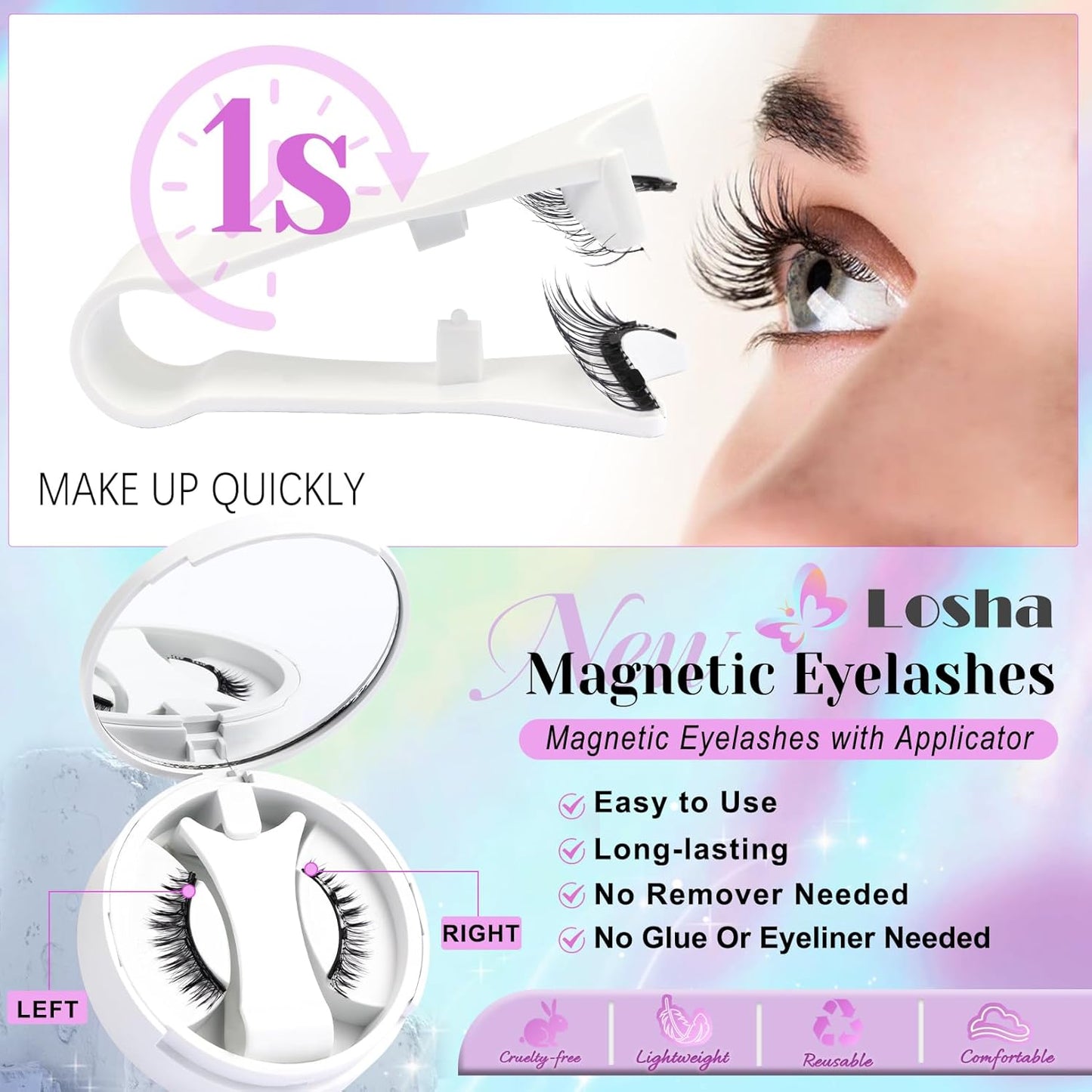 Losha Magnetic Eyelashes No Glue Needed Magnetic Lashes with Applicator 1 Pair Wispy Reusable False Eyelashes without Eyeliner (Delicate)