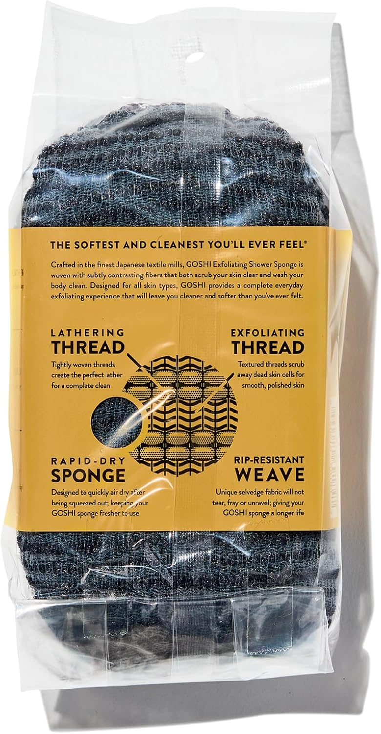 GOSHI Exfoliating Shower Sponge - Rip-Resistant, Rapid-Drying Exfoliating Bath Sponge for All Skin Types - Grey - Made in Japan