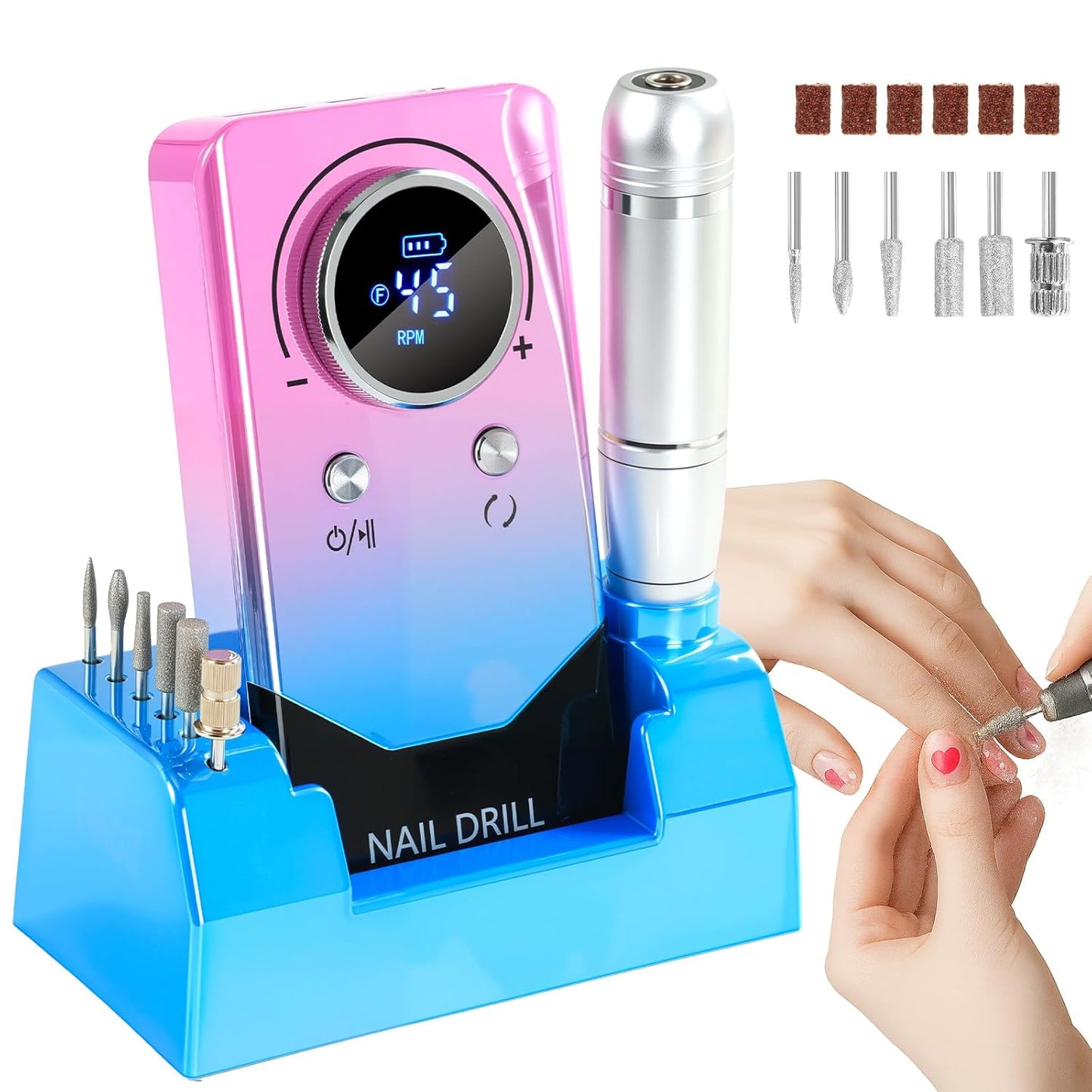 Electric Nail Drill Portable Nail Drill Professional 45000 RPM 6 Salon Quality Drill bits 6 Sanding Bands Portable & Low Noise for Acrylic Nails Gel Polishing Removing Bits Kit for Home Use