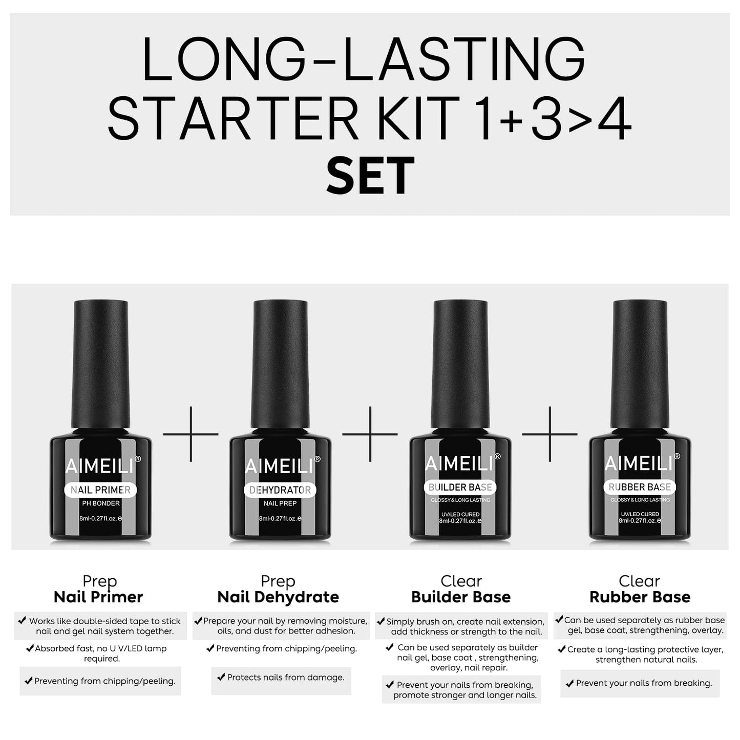 AIMEILI Gel Nail Polish 4pcs, Hema Free, Cruelty Free, Vegan, U V LED Nail Art - Nail Dehydrator Primer, Builder Nail Gel, Rubber Base