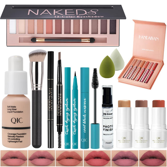 All In One Makeup Kit Full Kit, 3 Pcs Cream Contour Sticks,12 Colors Eyeshadow Palette,Full Coverage Foundation, 6 Colors Lipstick Set, Waterproof Eyeliner and Mascara(102# Nude)