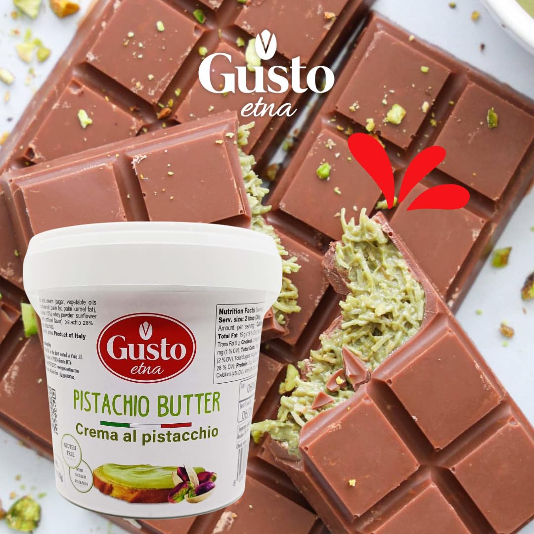 GUSTO ETNA Pistachio Cream, Sweet Nut Butter, Bulk Tub, Rich & Nutty filling for Knafeh Pistachio Chocolate Bars, Sweet Pistachios Spread, Pistachios Paste & more Product of Sicily, Italy, 2.2 LB (1 Kg)