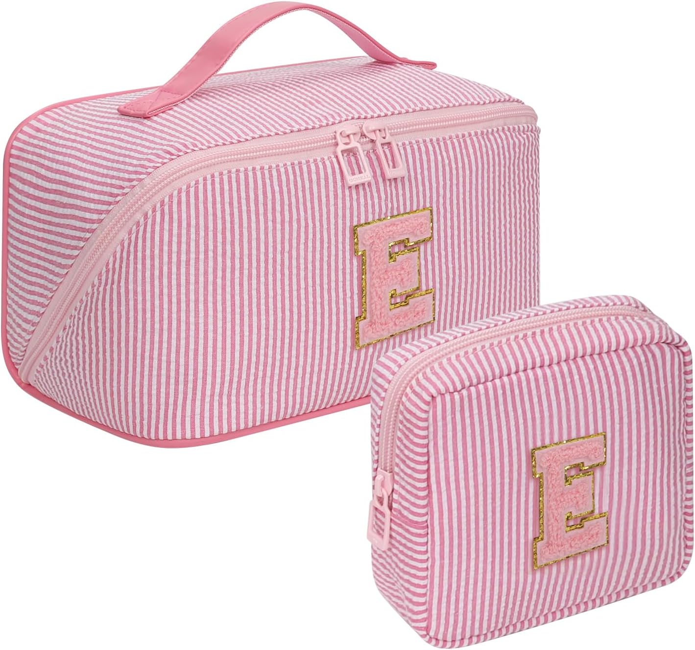 Travel Makeup Bag for Women, 2Pcs Portable Personalized Initial Makeup Organizer Bag, Open Flat Large Cosmetic Bag With Travel Essential Pouch (Pink Letter E)