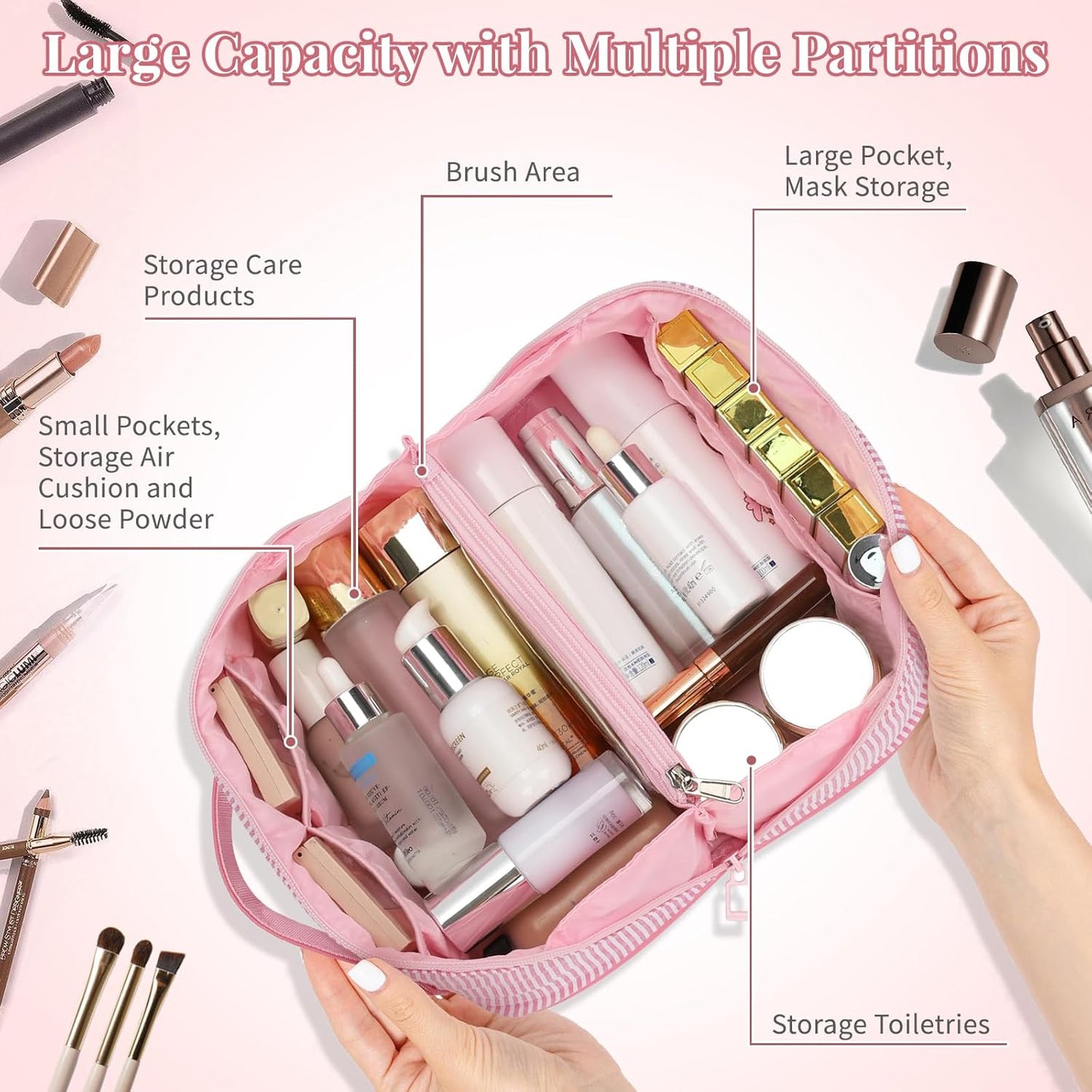 Travel Makeup Bag for Women, 2Pcs Portable Personalized Initial Makeup Organizer Bag, Open Flat Large Cosmetic Bag With Travel Essential Pouch (Pink Letter R)