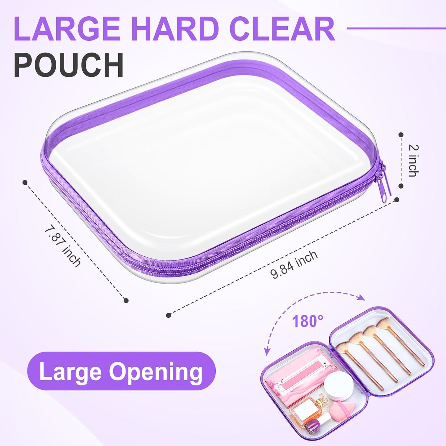 Sanwuta 6 Pcs Clear Hard Zipper Case Pencil Pouches Hard Plastic Zipper Pouches Makeup Bag Transparent Cases for Snacks Plastic Storage Organizer Box for Travel(Purple,9.84 x 7.87 x 2 Inch)