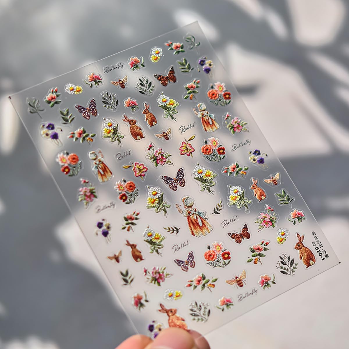 5D Embossed Flower Nail Stickers Decals Pastoral Style Nail Art Cute Bee Rabbit Butterfly Stickers for Nails Designs Self Adhesive Nail Art Supplies & Decorations for Women Girls 1 Sheet
