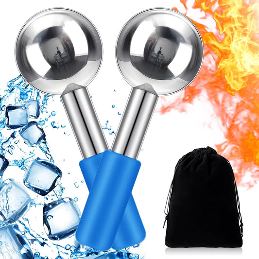 Baderke 2 Pcs Ice Globes for Face Stainless Steel Cooling Globes Unbreakable Cooling Roller Women Ice Balls Cryo Sticks Face Skin Care for Dark Circles, Puffiness(Silver (blue Handle))