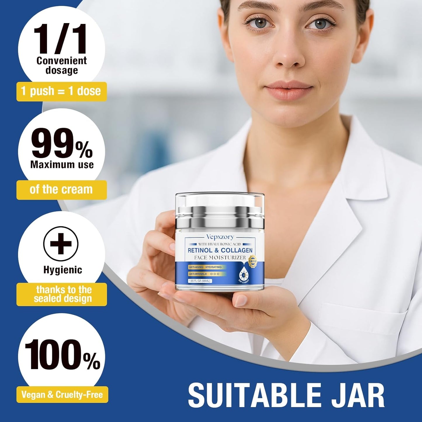 Face Moisturizer Retinol Cream For Face, Collagen Anti Aging Face Cream, Day-Night Neck Cream With Hyaluronic Acid, Wrinkle Cream For Women & Men Reduces Wrinkles, Dryness, 1.85 Fl. Oz