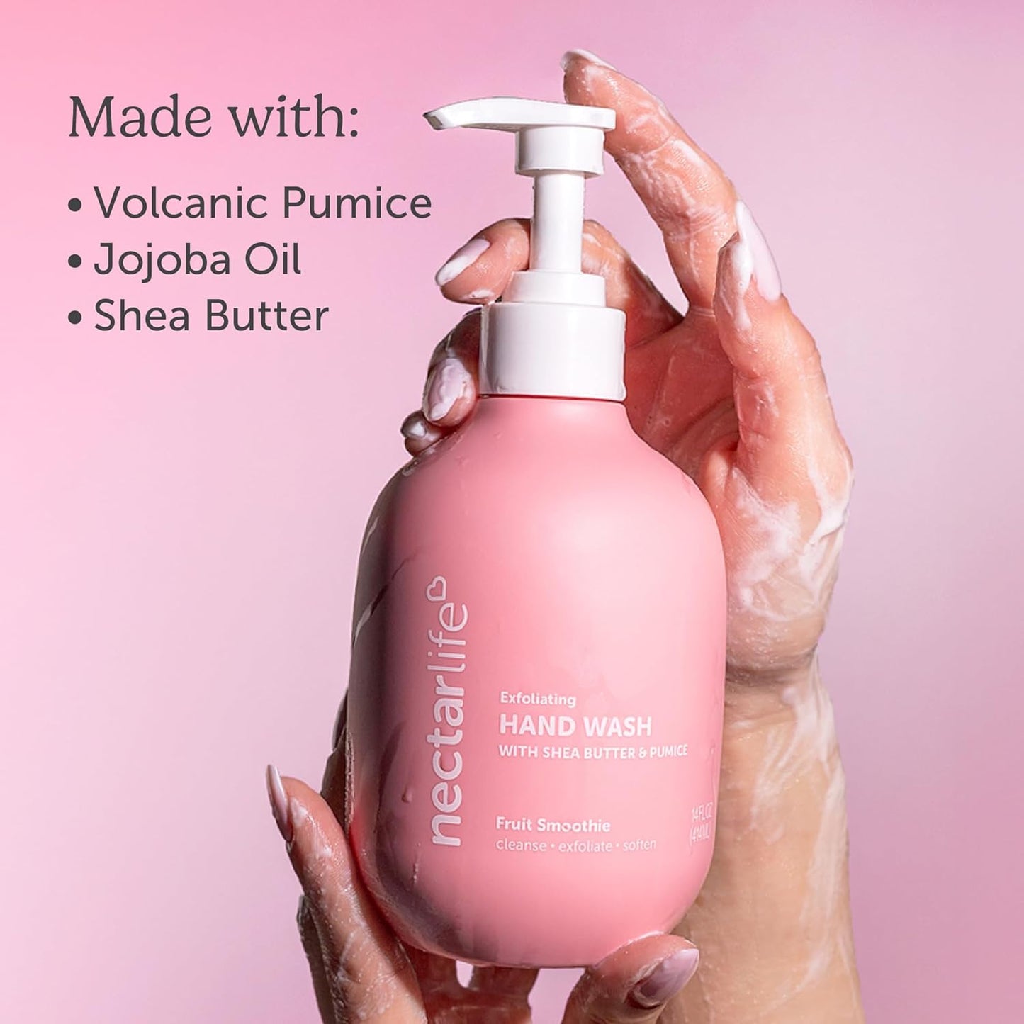 Nectar Life Exfoliating & Moisturizing Hand Wash, Volcanic Pumice for Hand Scrub, Shea Butter Softens Hands, Clean Vegan Ingredients, Fruit Smoothie Scent