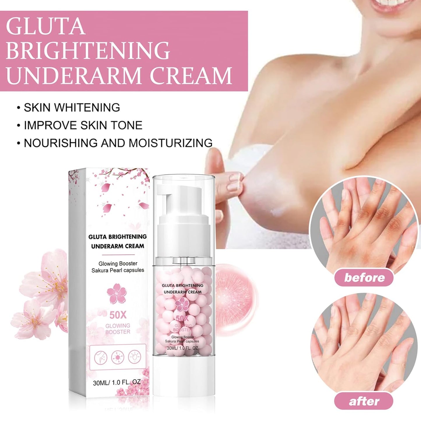 2PCS Gluta Brightening Booster Cream, Underarm Brightening Cream, Brightening Booster Sakur Pearl Capsules,Body Care Cream,Exfoliating Body Gel For Women