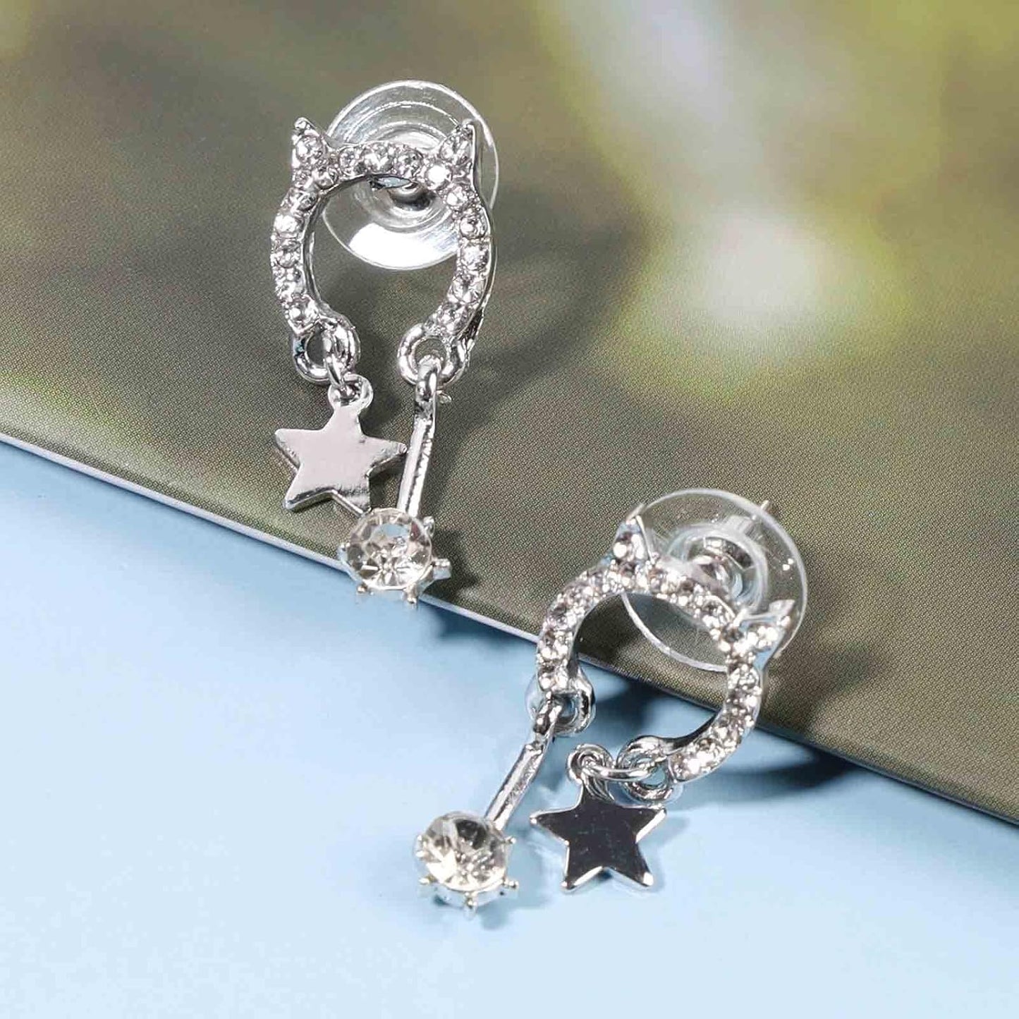 Crystal Cat Studs Earrings Silver Crystal Star Dangle Earrings Boho Rhinestone Drop Earrings Natural Inspired Animal Earrings Jewelry for Women and Girls Cat Lover Gifts