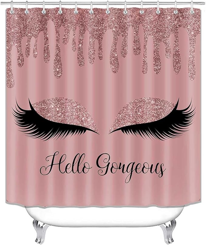 4PCS Rose Gold Glitter Hello Gorgeous Shower Curtain Set, Bling Unicorn Eyelash Makeup Glam Fashion Girly Teenage Girls Women Pink Bathroom Decor, Fabric Shower Curtain, Bath Mat Toilet Rug
